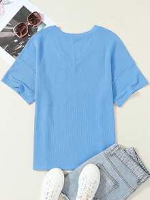 CILKOO 女士宽松扭结口袋V领休闲短袖T恤，春夏款 - 藍色 - 查看 8