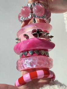1pc Pink Transparent Asymmetrical Resin Bracelet, Heart Spike Rivet Leather Strap Wristband, Layered Charm Jewelry For Women - Multicolor - View 3