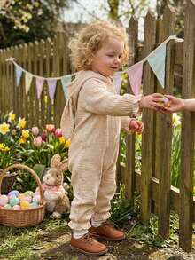 Newborn Baby Boy Girl Easter Bunny Romper Long Sleeve Cotton Linen Jumpsuit With Hood Casual Spring Clothes - 卡其色 - 查看 5