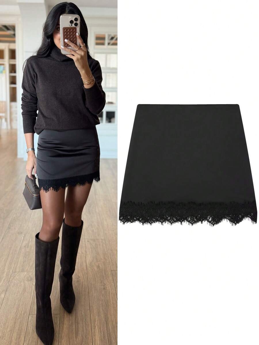 夏季黑色蕾丝迷你裙裤，适合女士外出穿着，春季缎面黑色裙裤 - 黑色 - 查看 1