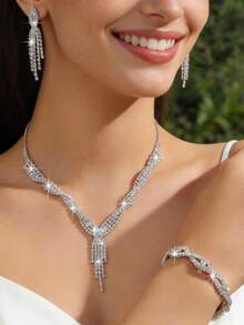 1 Set Tassel Twist Rhinestone Necklace & Earrings Jewelry Set, For Women Wedding Bride Party - Tassel - View 6