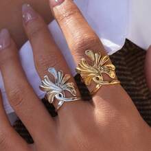 2pcs/1pc Minimalist 18K Gold Plated Stainless Steel Ginkgo Leaf Rings, Can Be Stacked With Other Rings, Women's Jewelry, Fashionable Accessories Suitable For Daily Wear Or As Gifts, Also Suitable For Parties, Holidays And Everyday Wear. - Multicolor - View 6
