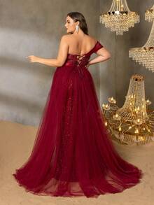 Faeriesty Women's Glamorous Plus-Size Off-The-Shoulder Evening Gown With Sparkling Sequin Embellished – Perfect For Galas, Receptions, Balls, Ceremonies - Burgundy - View 2