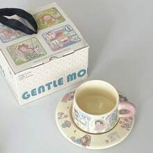 卡通咖啡杯碟图案马克杯，优雅下午茶杯，精美陶瓷杯，送给她的礼物 - 彩色 - 查看 13