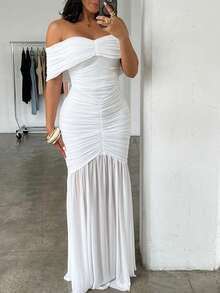 Foldover Off Shoulder Ruched Cinched Waist Minimalist Evening Dress Slim Fit Mermaid Hem Party Dress - 白色 - 查看 7