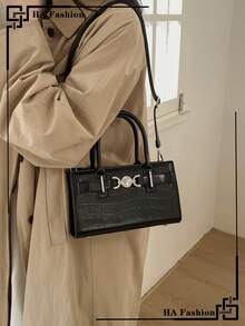 1个鳄鱼纹压花手提包，经典百搭女士单肩包，时尚斜挎包 - 黑色 - 查看 2