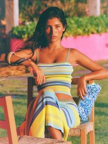 Women's Two-Piece Skirt Set, New For Summer, Featuring A Striped Sleeveless Camisole Top And A Slim-Fitting Long Skirt, Perfect For Y2K-Style Vacation And Casual Outings. - 黃色 - 查看 3