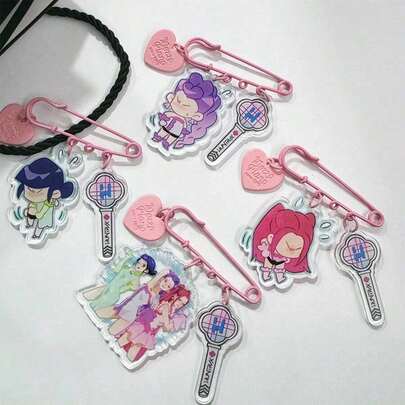 Pink Large Acrylic Safety Pin Brooch Pendant, Anime Idol Character Heart-Shaped Cheering Stick Decor Badge Accessory, Suitable For Handbags, Backpacks, Messenger Bags, Ideal Gift For Birthday, Valentine's Day, Christmas, Anime Conventions, Also A Fashionable Accessory For Anime Fans And Cosplayers