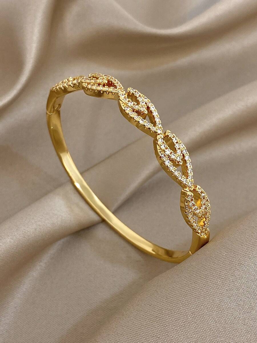 1Pc Luxury 18K Gold Plated Leaf Shape Bangle Bracelet, Full Crystal Pave Linked Design, Fashion Nature-Inspired Wrist Bracelet For Girl, Evening Party & Special Occasions, Chic Jewelry Gift For Birthday, Anniversary, Valentine's Day & Holidays - Multicolor - View 1