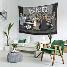SnoopGangTapestry Homies Wall Hanging Tapestry - Urban Street Art Design With Vintage Car & Brick Wall Graffiti High-Quality Peach Light Beige Fabric Horizontal Wall Decor For Bedroom Office Party - Perfect Gift For Hip-Hop Fans Office Artwork Cartoon Style Graphic Sleek Texture - 1PC - 查看 2