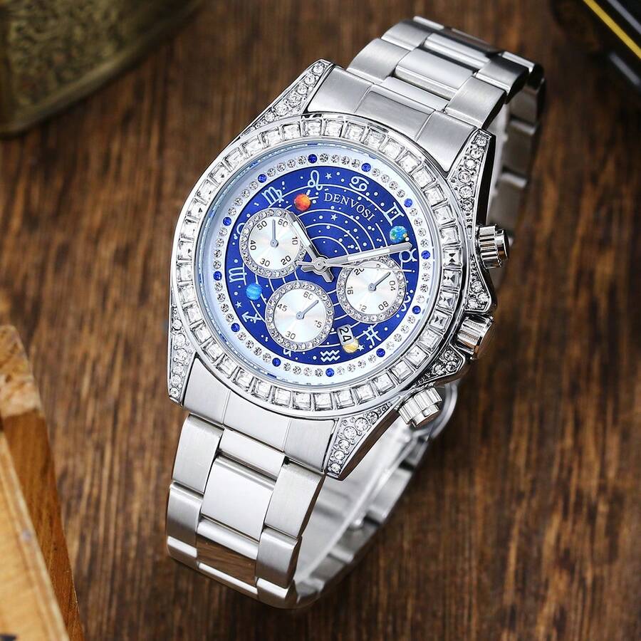 Rhinestone Constellation Watch, Fashionable Starry Dial Multifunctional Quartz Watch, Luxury Steel Band Unisex Wristwatch - one-size - View 1