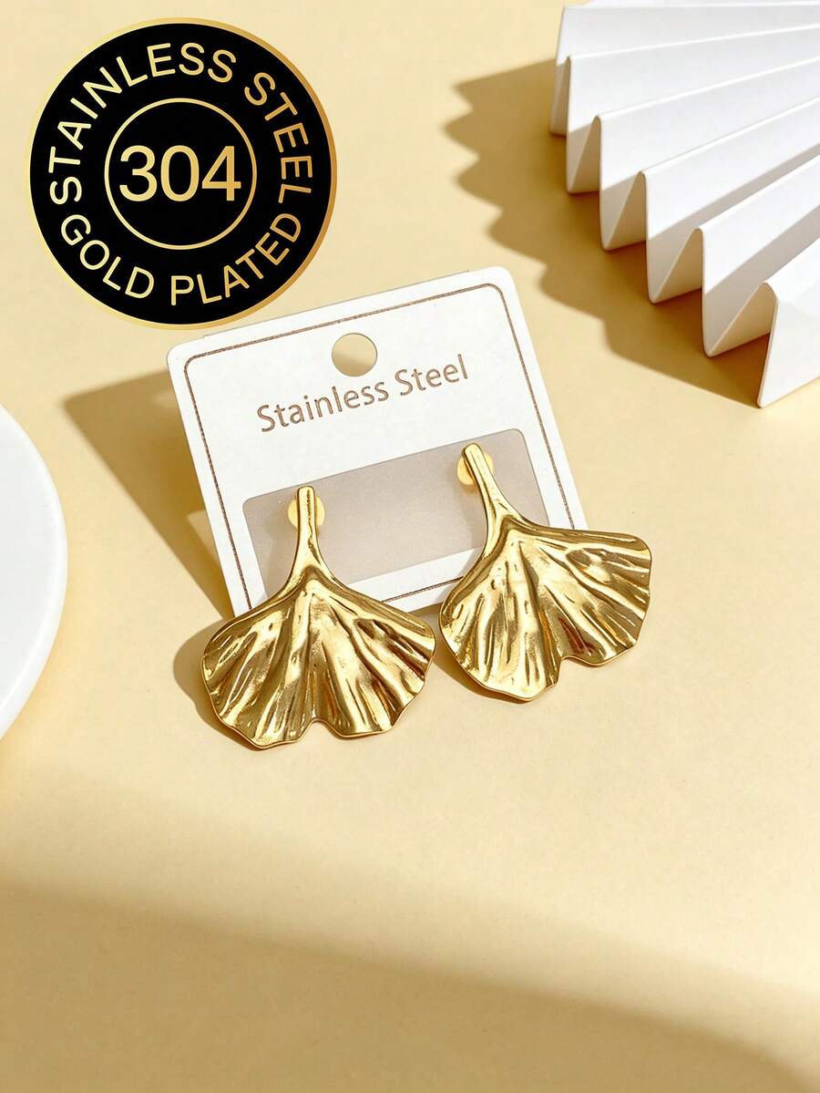 Lady's Golden Ginkgo Leaf Stud Earrings, Lady's Youthful Style Thick Gold Large Leaf Earrings, Leaf Earrings, Fish Tail 18K Gold Plated Pendant Earrings, Thick Gold Metal Earrings, Engagement Earrings - Multicolor - View 1
