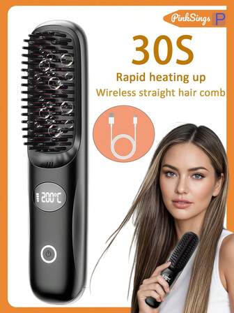 PinkSings Cordless Mini Compact Hair Straightener Brush With LCD Display Temperature Adjustable, Portable Mini Straightening Brush For Travel, Negative Ion Hot Comb For Women Styling Hair Styler, Anti-Scald, Ceramic Coating