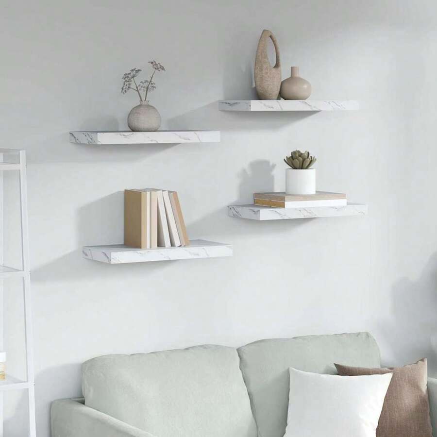 vidaXL Wandregal, 4-teilig, weißer Marmor, 50 x 23,5 x 4 cm - Weiss - Übersicht 1