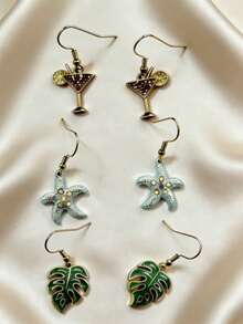 3pcs/Pack Luxury Sophisticated Ocean Themed Dopamine Sunflower & Fish Print Floral Earrings, European & American Cross-Border Holiday Style - Green - View 3