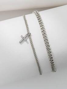 Tkool 2pcs/Set Women Anklet Set, Boho Summer Beach Vacation Layered Style, Copper Inlaid Cubic Zirconia Cross Pendant Curb Chain Double Layer Anklet Bracelet Accessory Gift - Silver - View 7