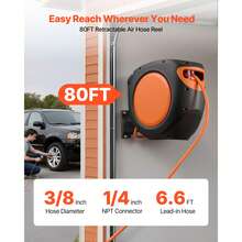 Bobina de manguera de aire retráctil, manguera de aire híbrida de 3/8 pulgadas x 80 pies Max 300PSI, bobina de mangueras de compresor de aire cerrada con rebobinado automático con plomo de 6,6 pies, montaje giratorio de techo / pared de 180 ° para talleres - 3/8 pulgadas x 80 pies - Ver 2