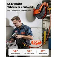 Bobina de manguera de aire retráctil, manguera de aire de goma de 1/2 pulgadas x 50 pies Max 300PSI, Bobina de mangueras de compresor de aire de rebobinado automático con plomo de 5 pies, montaje en techo / pared doble brazo de acero pesado - 1/2 pulgada x 50 pies - Ver 2