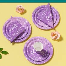 Purple Crystal Crown "Happy Birthday" Disposable Plates, Napkins, Cups - One-Time Party Supplies Set, Fits 25 Guests, Disposable Paper Plates Party Tableware Suitable For Birthday, Wedding, Theme Party, Family Picnic - Multicolor - View 5