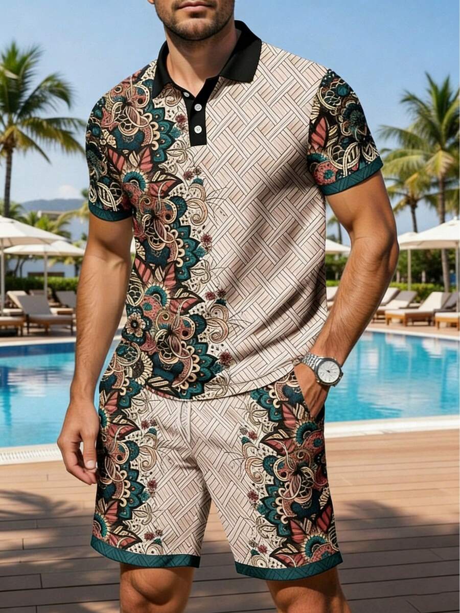 Men's Retro Floral Print Polo Collar Short Sleeve Shorts Set, Casual Beach Holiday - 彩色 - 查看 1