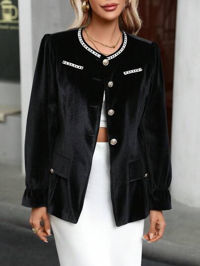 2026春秋新款时尚黑色丝绒前开襟加大码女式外套