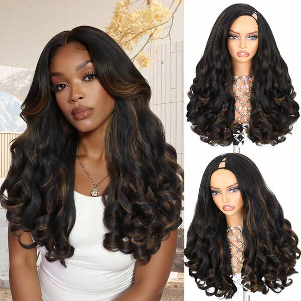 V-Shaped Parting Yaki Curly Wig, Women's African Curly U-Part Ombre Brown Synthetic Wig, Half Wig, 22 Inch Heat Resistant Clip-In Half Wig