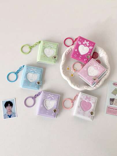 1pc 2-Inch Heart-Shaped Mini Photo Album Keychain, Fits 32 Photos, Hollow Heart Cover Design, Suitable For Fans To Carry Around