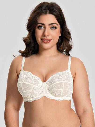 WINGSLOVE Plus Size Floral Lace Bra - Sheer Design, Wireless & Unpadded, Flattering For Larger Bust, Comfortable For Everyday Wear