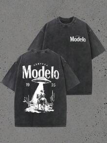 220g Washed Short Sleeved Shirt,  And Fashionable Men's Casual, Modelo UFO Cowboy Printed Pattern T-Shirt For Spring And Summer, Suitable For Daily Outdoor Wear - 黑色 - 查看 1