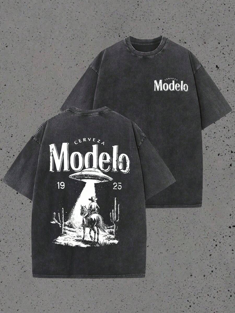 220g Washed Short Sleeved Shirt, And Fashionable Men's Casual, Modelo UFO Cowboy Printed Pattern T-Shirt For Spring And Summer, Suitable For Daily Outdoor Wear - 黑色 - 查看 1