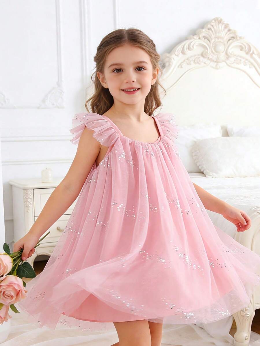 1pc Girls Elegant Luxurious Cute Lady Sweet Princess Bow Sparkling Sequin Big Tulle Tutu Dress, Party Dress, Birthday Gift, Holiday, Celebration, Suitable For All Seasons