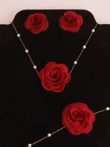 4pcs/Set Fashionable & Elegant Fabric Red Rose Earrings, Bracelet, Necklace Jewelry Set, Suitable For Banquet, Wedding, Valentine's Day And Other Occasions - Red - View 3