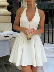 Vestido mini ajustado con tirantes y cuello anudado para mujer - Blanco - Ver 7