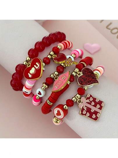 5 piezas Pulsera del Día de San Valentín, elegante y de moda con cuentas de arcilla suave y colgante con forma de corazón, adecuado para parejas y como regalo