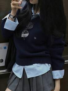 Autumn/Winter Sweater Design Layered Long Sleeve Knit Sweater - Navy Blue - View 1