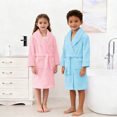 1 pieza Bata de baño para niños o niñas, adecuada para una altura de niño de hasta 135 cm, múltiples colores, material de felpa de coral, cálida y suave, de secado rápido, sin desprendimiento, bata de baño para niños, toallas utilizables, albornoz, ropa de estar en casa, ropa de estar, perfecta para el hogar, hotel, baño, dormitorio