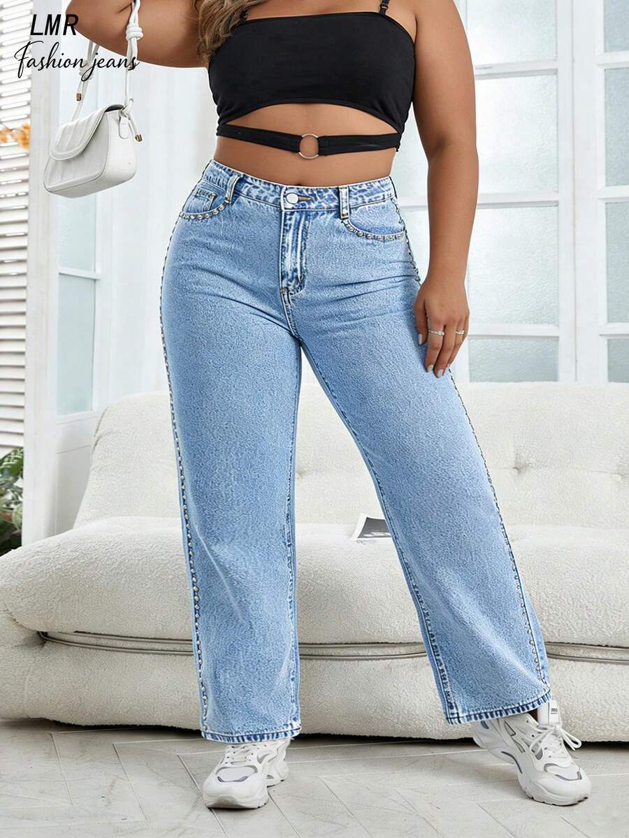 Quần jeans ống đứng dáng suông kiểu Y2K dành cho nữ cỡ lớn, chất liệu cotton mài, kiểu dáng rộng rãi thoải mái với chi tiết đinh tán, trang phục đường phố đa năng cho những buổi đi chơi hàng ngày. - Rửa trung bình - Xem 1