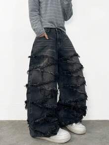 1件 Infinite Jeans 美国街头时尚男士拼接宽松舒适阔腿牛仔裤，四季皆宜的百搭牛仔裤（产品不含腰带和配饰） - 黑色 - 查看 7