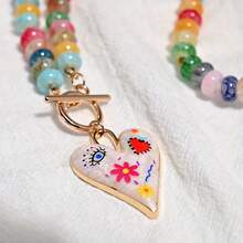 Handmade Colorful Glass Bead Necklace With Heart Pendant - Elegant O-Tassel Chain For Daily Wear & Parties, Perfect For All Occasions, Party Accessory |   Vibrant Accessory |   Handcrafted Jewelry, Necklace For - Color 5 - 查看 10