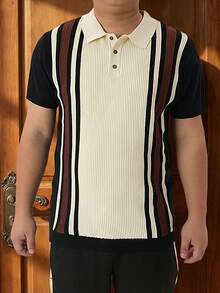 Men's Striped Short Sleeve Casual Knit Polo Shirt - Black - View 8