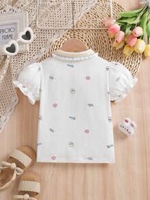 Young Girl Cartoon Print Polo Collar Half Placket Casual Everyday Petal Sleeve T-Shirt - White - View 2