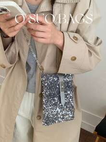 1pc Mini PVC Sequin Shiny Bucket Bag, Metal Chain Decor Glitter Ladies Party Clutch Purse, Fashion Gift Bag, Suitable For Women Party And Evening Wear - Silver - View 8