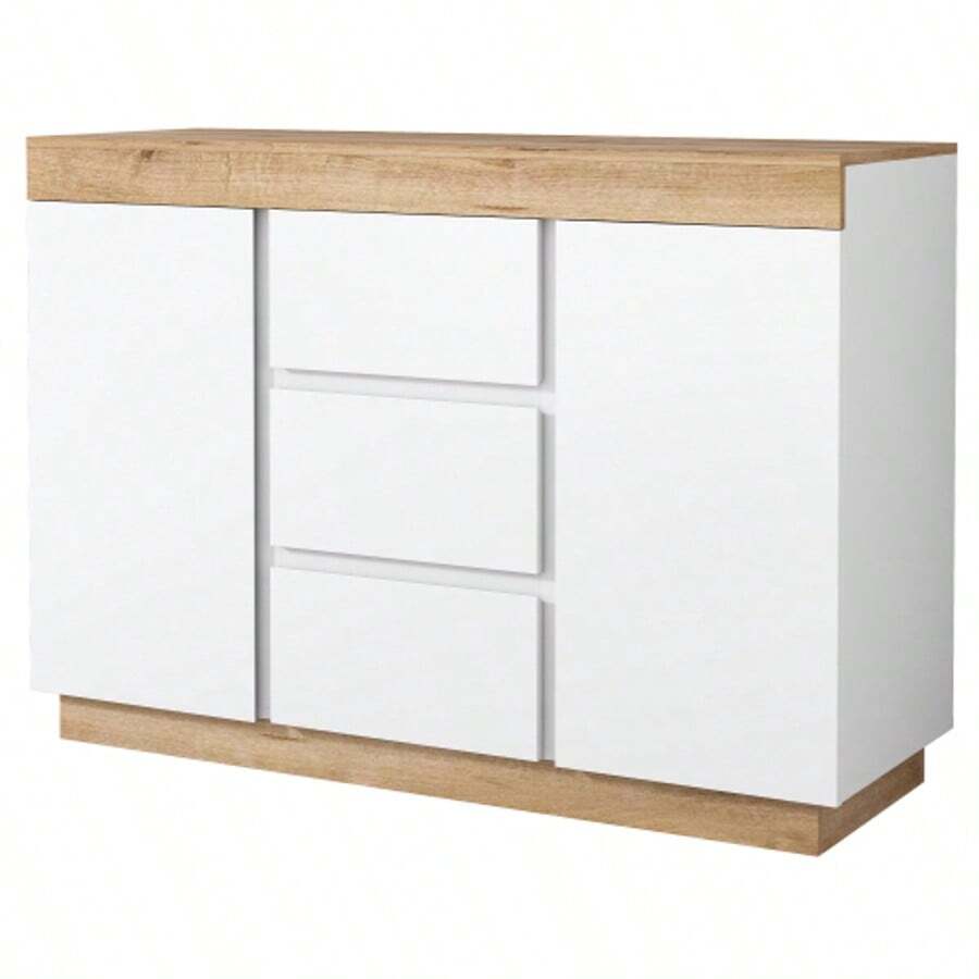 Mode Mit 3 Schubladen Und 2 Türen, Schließfach, Function Von Aufbewahrung, Für Schlafzimmer Und Wohnzimmer, E1-Spanplatte, White+Oak - White - View 1