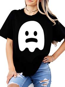 Diseño de fantasma blanco con expresión seria Camiseta oversize para mujer Ideal para Halloween y eventos temáticos Estilo casual para jóvenes 220g - Negro - Ver 1