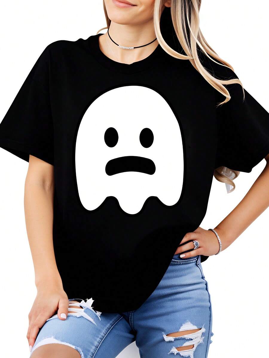 Diseño de fantasma blanco con expresión seria Camiseta oversize para mujer Ideal para Halloween y eventos temáticos Estilo casual para jóvenes 220g - Negro - Ver 1