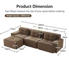 Living Room Sofa Made Of Corduroy, Boneless L-Shaped Sofa With Deep Seat, 3-Seater Modular Sofa With Ottoman, Corner Sofa For Living Rooms And Apartments, Assembly Not Included - 棕色 - 查看 3