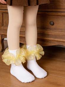 1 Pair Cotton Girls' Large Floral Lace Dance Socks, Elegant Princess Style Short Socks For Party Outfit - Yellow - View 3