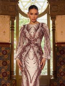 Faeriesty Women's Elegant Alluring Formal Party Maxi Dress, Sequin Patchwork Fishtail Hem Long Puff Sleeve Boat Neck Formal Gown, Suitable For Formal Parties, Galas And Celebrations - Burgundy - View 1