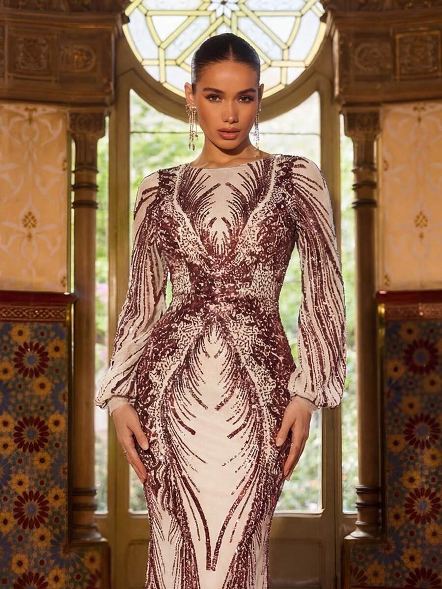 Faeriesty Women's Elegant Alluring Formal Party Maxi Dress, Sequin Patchwork Fishtail Hem Long Puff Sleeve Boat Neck Formal Gown, Suitable For Formal Parties, Galas And Celebrations - Burgundy - View 1