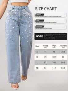 Elegant Heavy Pearl Embellished Washed Straight Leg Jeans – Luxurious & Stylish Women's Denim Pants - Rửa tối - Xem 7